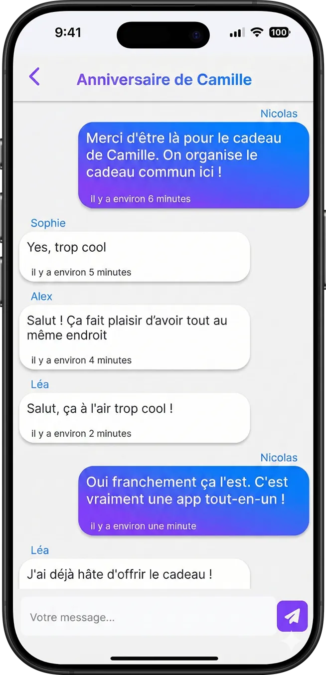 Chat de groupe intégré Dogivo — coordination cadeau sans WhatsApp
