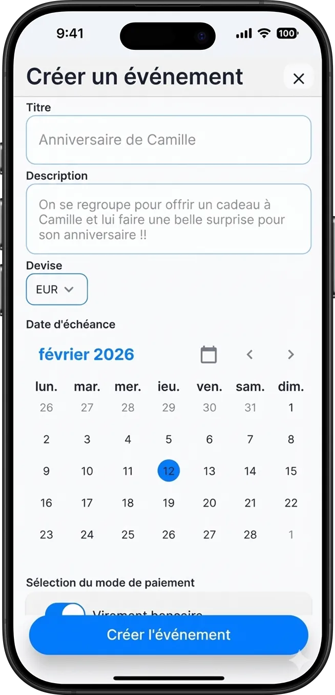 Application Dogivo — création d'un événement cadeau de groupe en 30 secondes